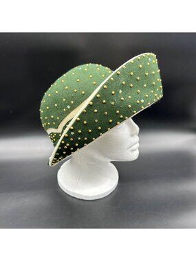 Vintage Hat Jack McConnell Green Cream Mid Century Rhinestones Gold Studs READ